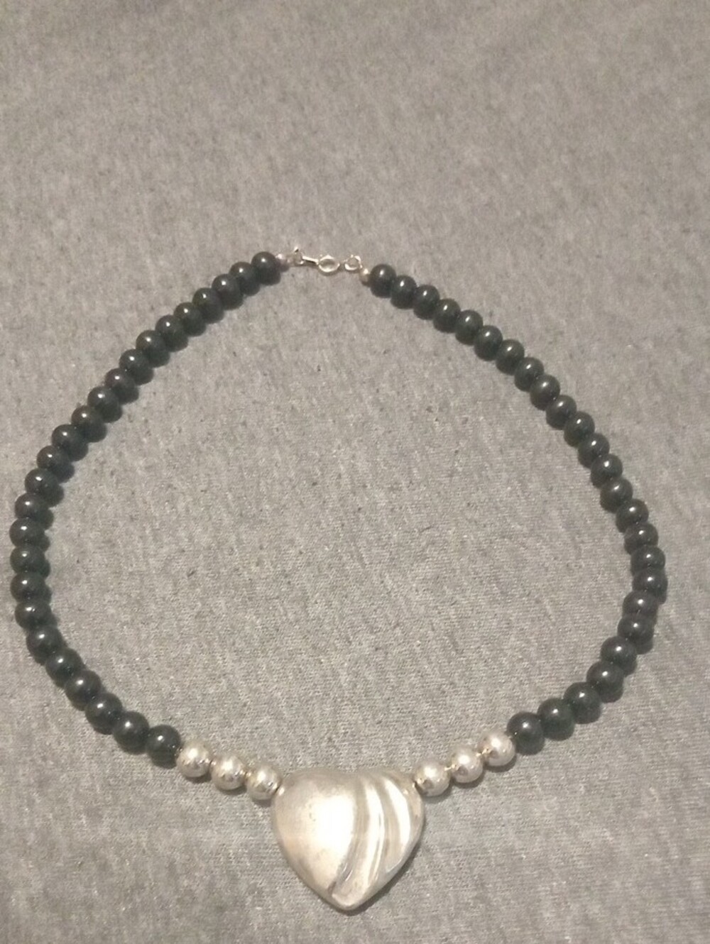 Silver Heart Pendant Necklace with Black Beads - Picture 2 of 3